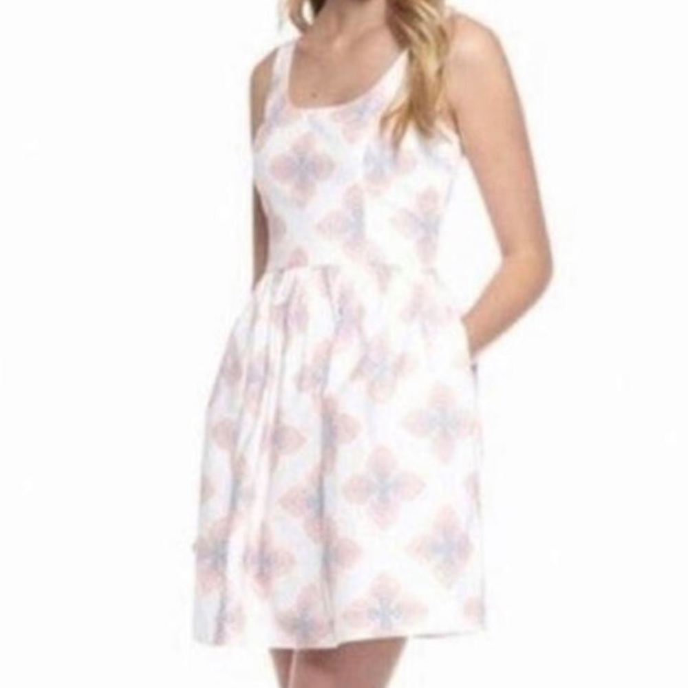 Blithe White Pink Pattern A-Line Mini Pleated Dre… - image 1